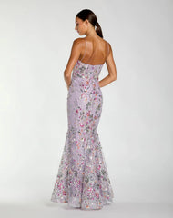 Purple Spaghetti Strap Floral Embroidered Trumpet Gown