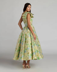Green One Shoulder Brocade Midi Dress With Bow Detail