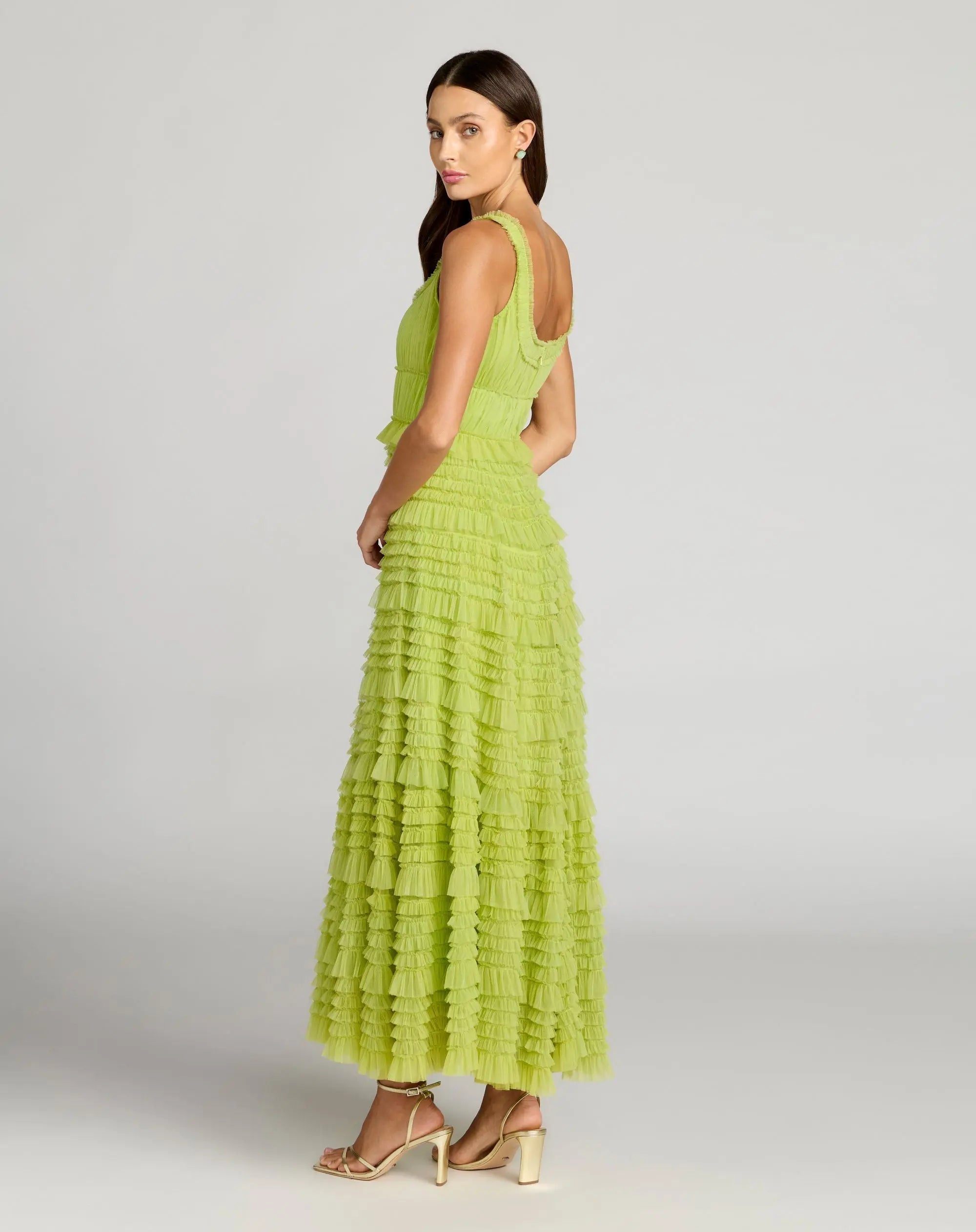 Green Micro Ruffle Sleeveless Scoop Neck Maxi Dress