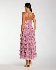 Pink Floral Ruffle Tiered Strapless Midi Dress