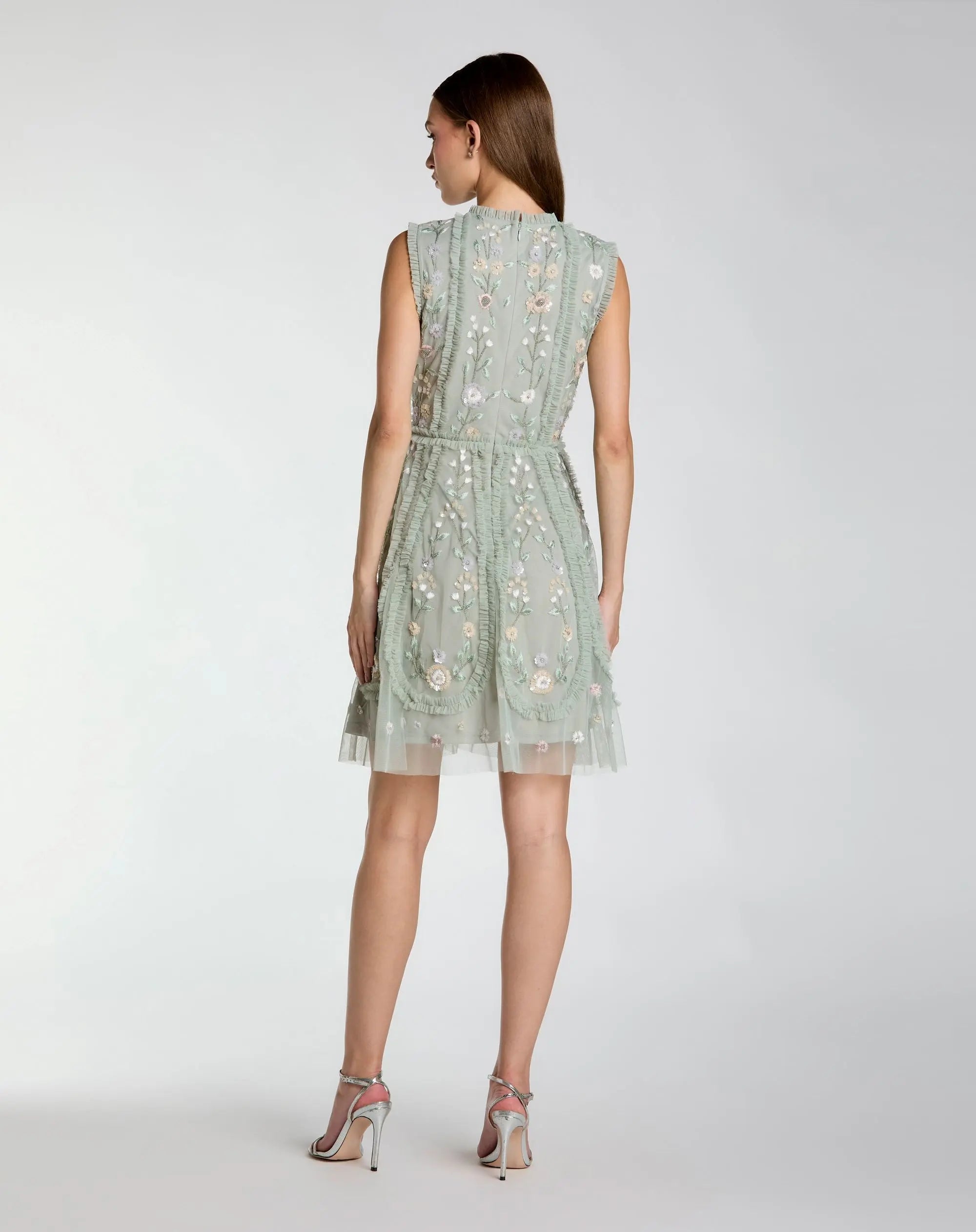 Green Sleeveless High Neck Embroidered Mini Dress