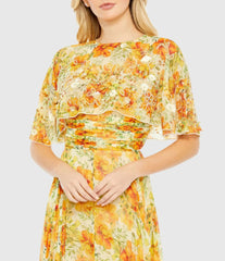 Yellow High Neck A-Line Floral Gown with Cape Sleeves - FINAL SALE