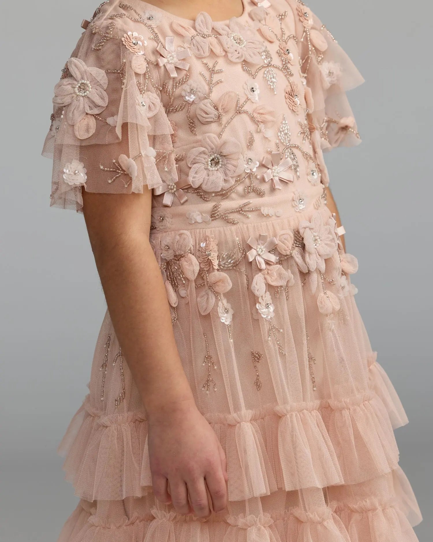 Girls Pink Embellished Flutter Sleeve Ruffle Gown