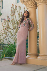 Purple Floral Embellished Long Sleeve Gown