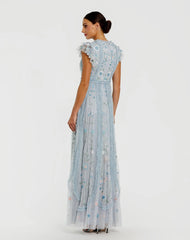 Blue Floral Embroidered Ruffle A Line Gown