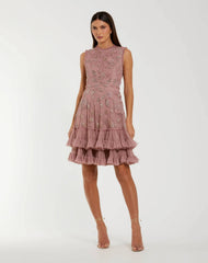Pink High Neck Sleeveless Beaded Dress With Ruffled Hem