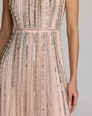 Pink Scoop Neck A-Line Gown With Striped Beading